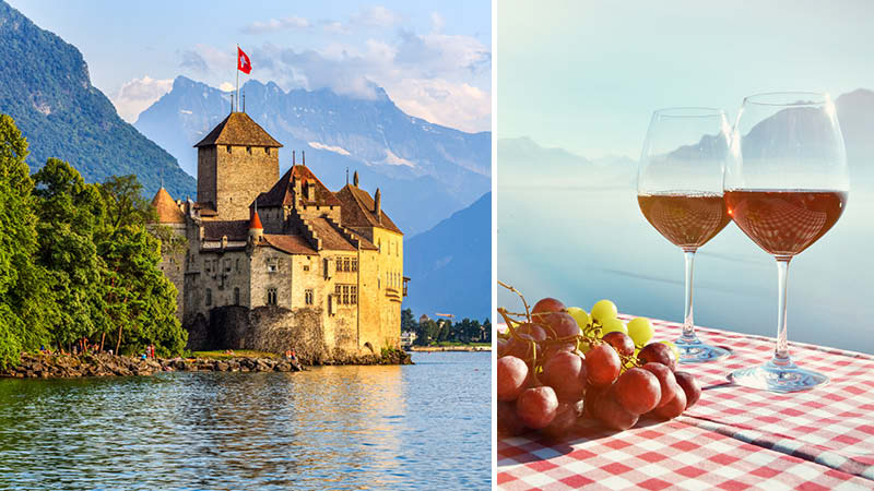 Chillon castle vid Gnevesjn och rdvin i solnedgngen.